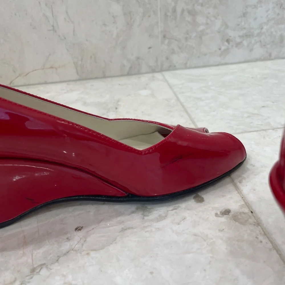 TARYN ROSE {39.5} Red Wedge Patent Leather Peep Toe Candy Apple Red 